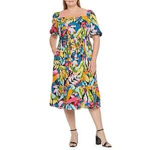 Maia NWOT Tropical Print Square Neck Short Puff Sleeve Midi Dress Size 16